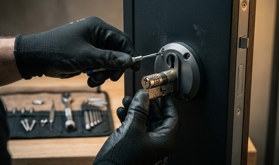 Especialista Cerrajero instalando cerradura anti-bumping de alta seguridad en una vivienda en Gabia Grande, Las Gabias